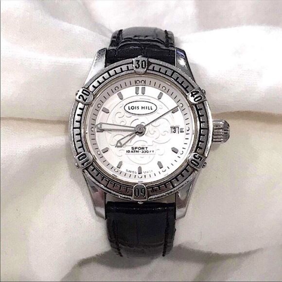 LOIS HILL Round White Filigree Scroll Sport Watch w/ Black Leather Embossed Band